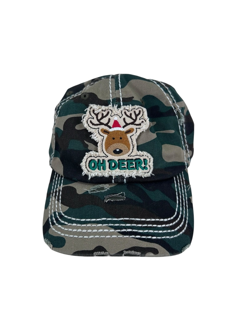 Oh Deer Christmas Reindeer Distressed Camo Baseball Cap NWOT
